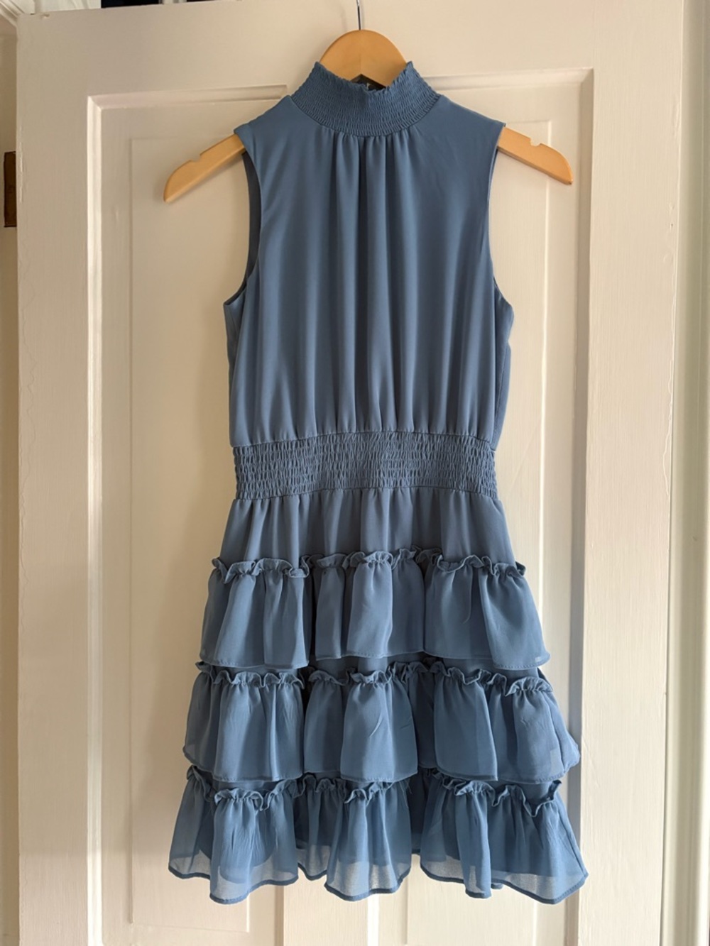 1. State Sleeveless Smocked Neck Tiered Ruffle Dress in Dusty Blue
